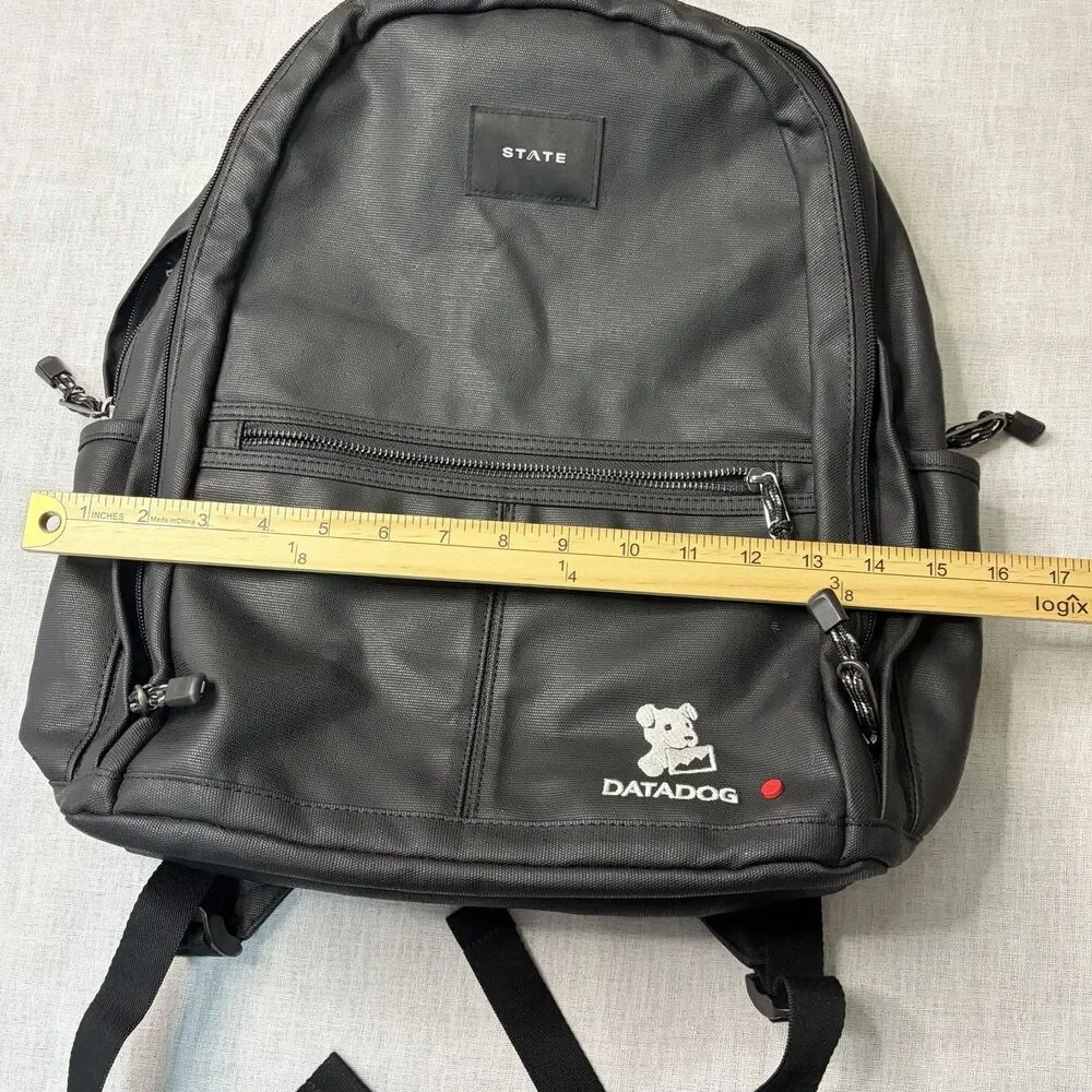 STATE Black Brand Laptop Double Pocket Backpack Datadog Branding 16” x 14” EUC